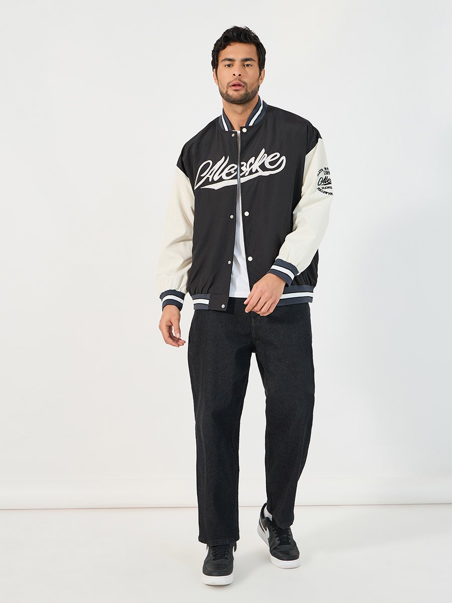 Contrast Sleeve and Rib Detail Bomber Jacket with Button Placket
