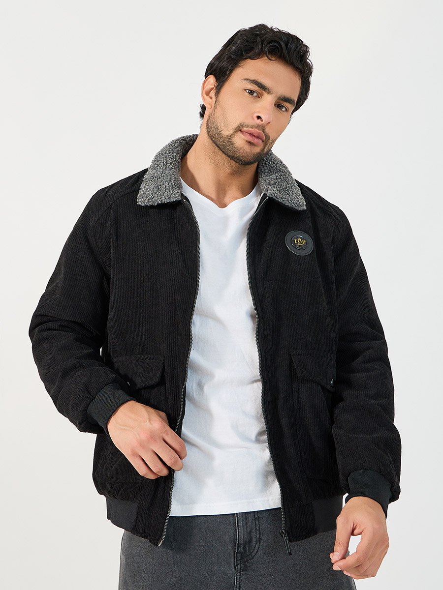 Faux Fur Collar Corduroy Utility Jacket