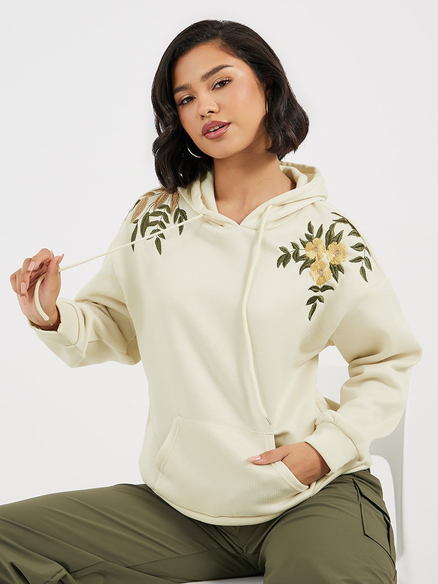 Cream Regular Fit Embroidered Panel Hoodie