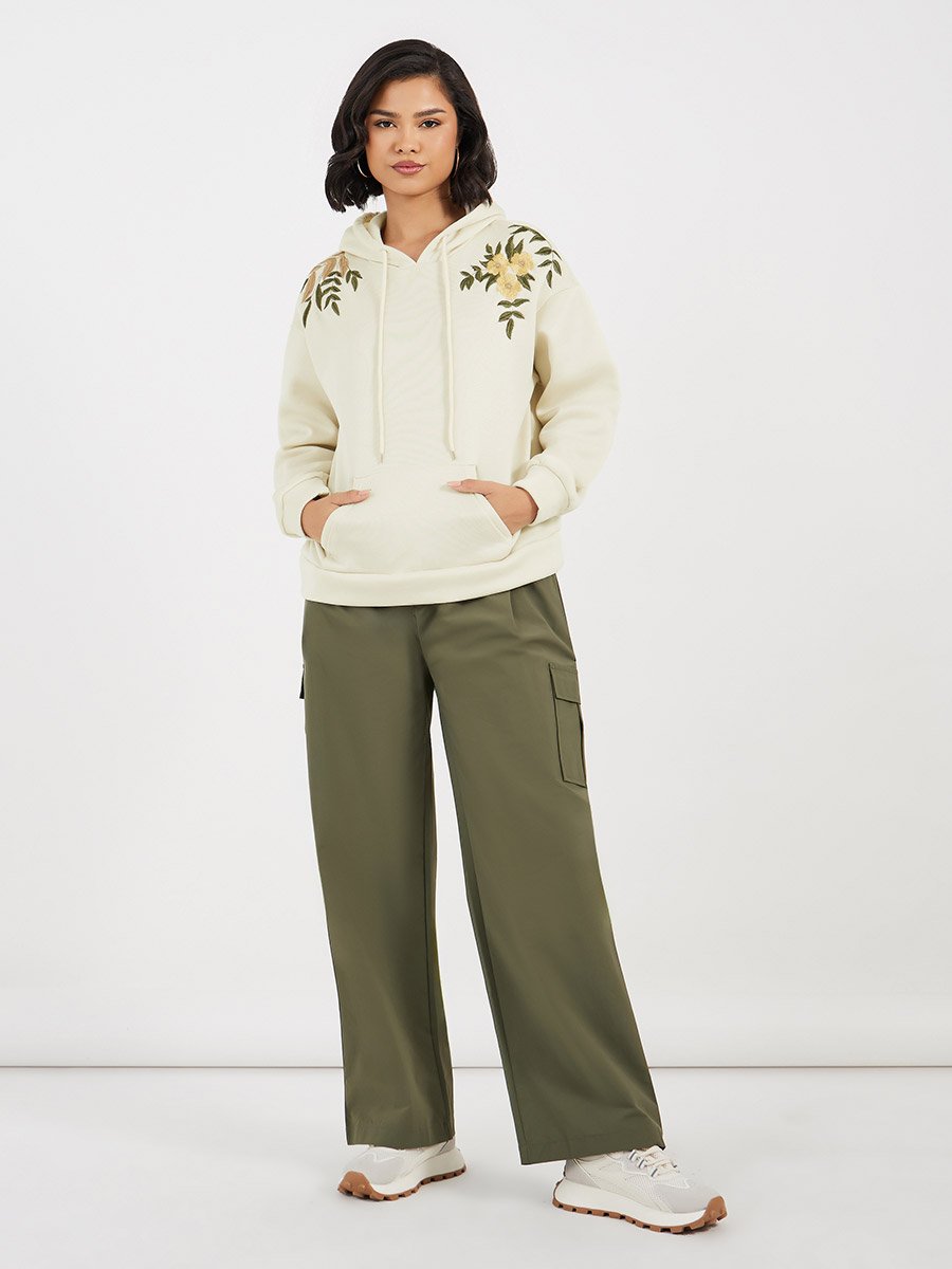 Cream Regular Fit Embroidered Panel Hoodie