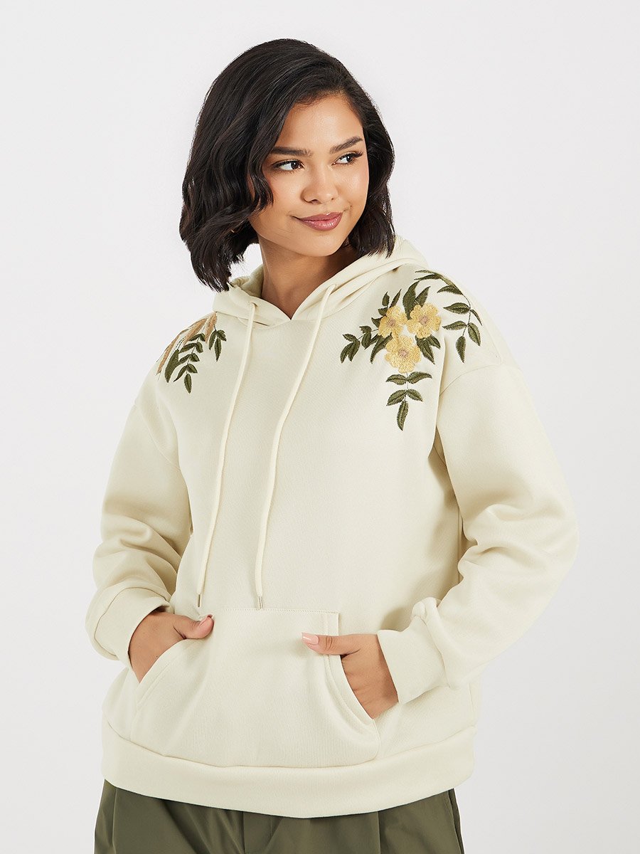 Cream Regular Fit Embroidered Panel Hoodie