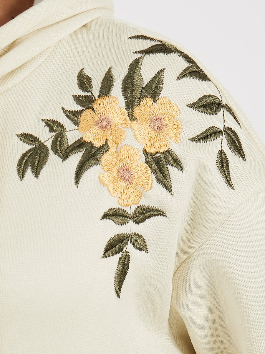 Cream Regular Fit Embroidered Panel Hoodie