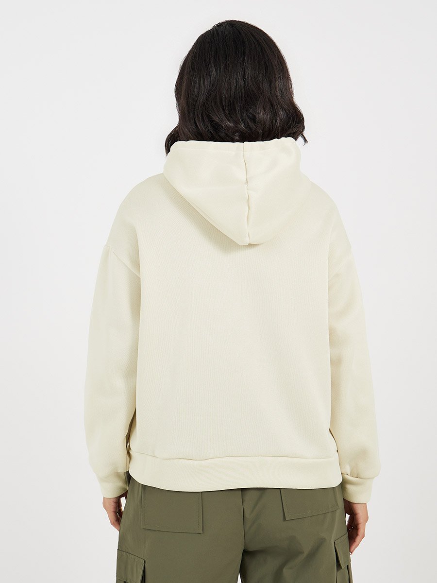 Cream Regular Fit Embroidered Panel Hoodie