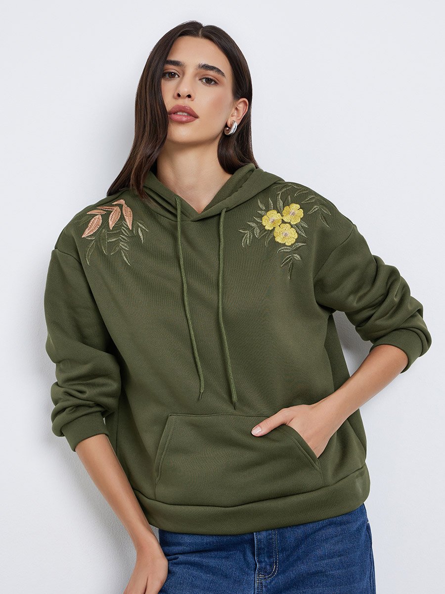 Olive Regular Fit Embroidered Panel Hoodie