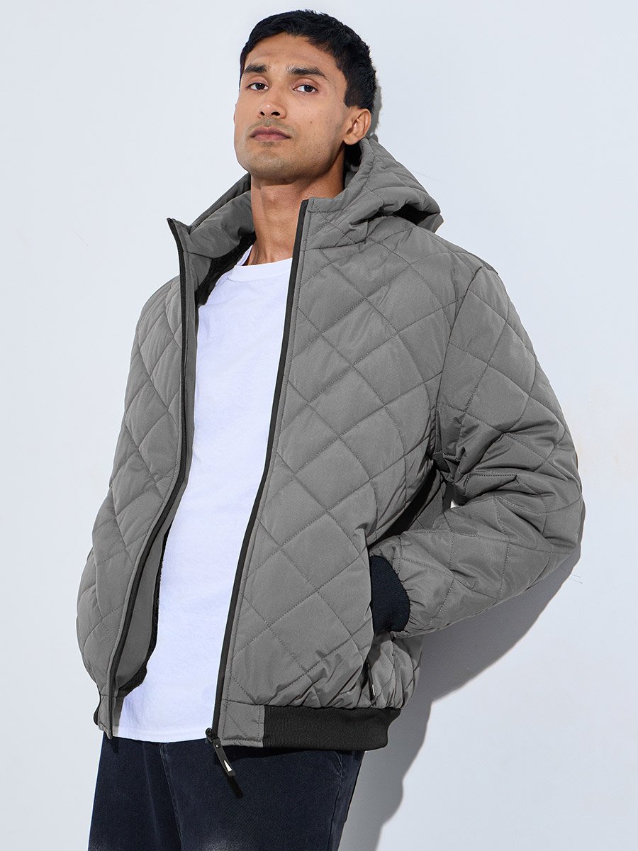 Grey Diagonal Quilted Hooded Puffer Jacket