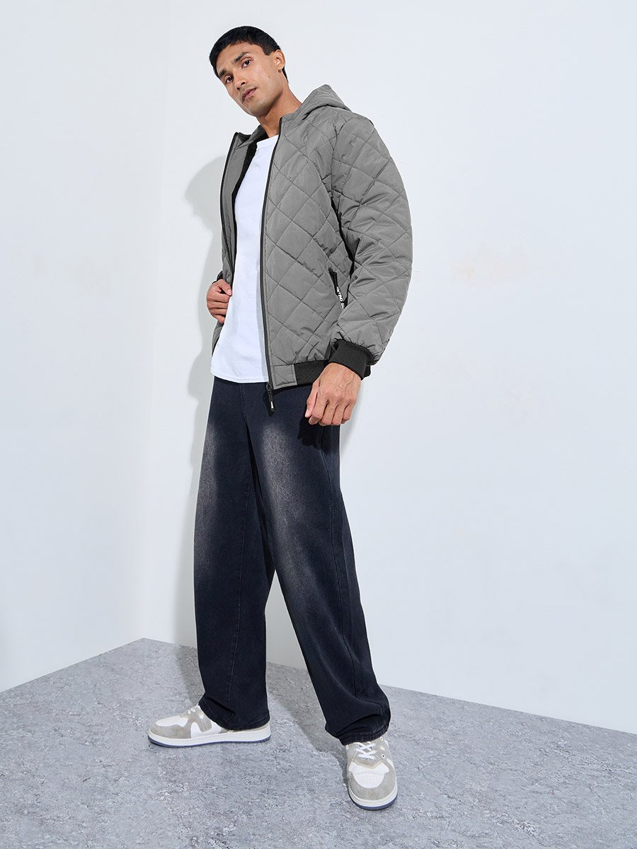 Grey Diagonal Quilted Hooded Puffer Jacket