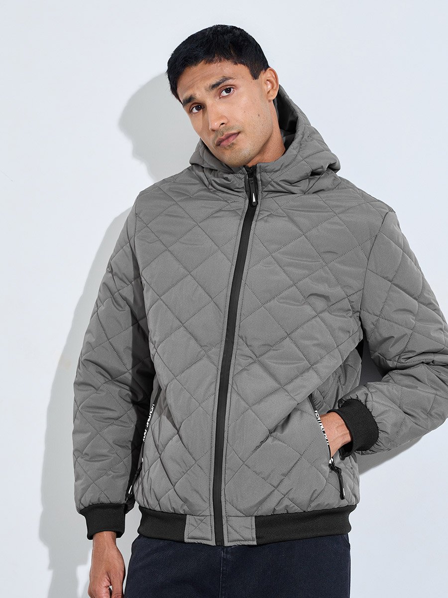 Grey Diagonal Quilted Hooded Puffer Jacket
