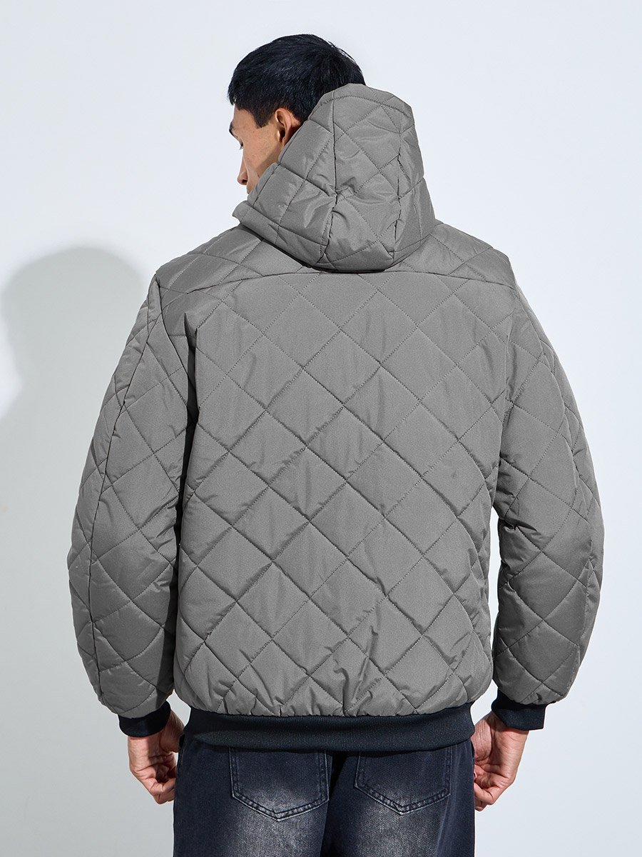 Grey Diagonal Quilted Hooded Puffer Jacket