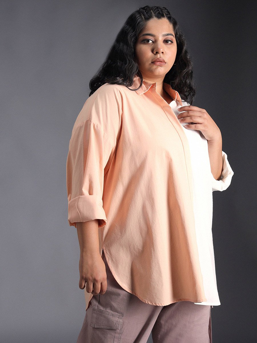 Plus Size Color Block Cotton Oversized Casual Shirt