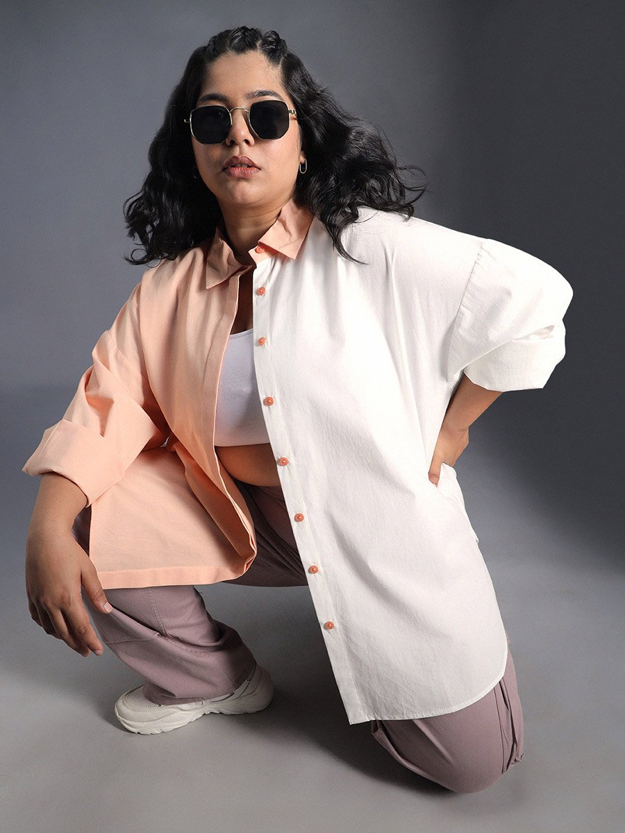 Plus Size Color Block Cotton Oversized Casual Shirt