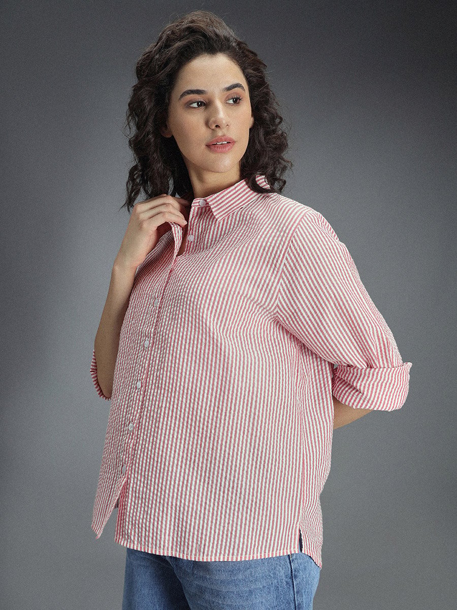 Striped Casual Shirt with High-Low Hem