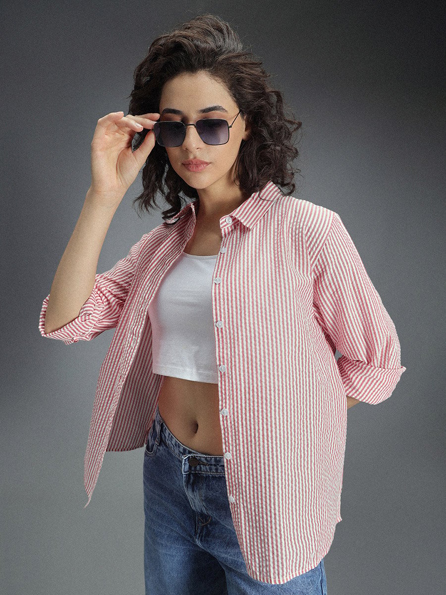 Striped Casual Shirt with High-Low Hem