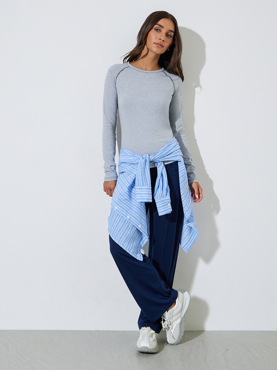 Grey Contrast Stitch Plain Raglan Sleeve Fitted T-Shirt