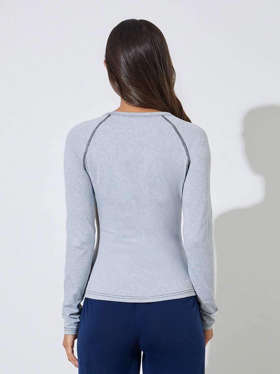 Grey Contrast Stitch Plain Raglan Sleeve Fitted T-Shirt
