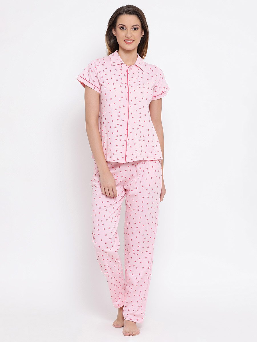 Strawberry Print Button Down Shirt and Pyjama Set