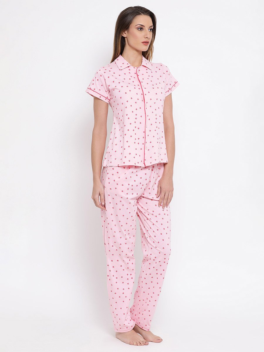 Strawberry Print Button Down Shirt and Pyjama Set