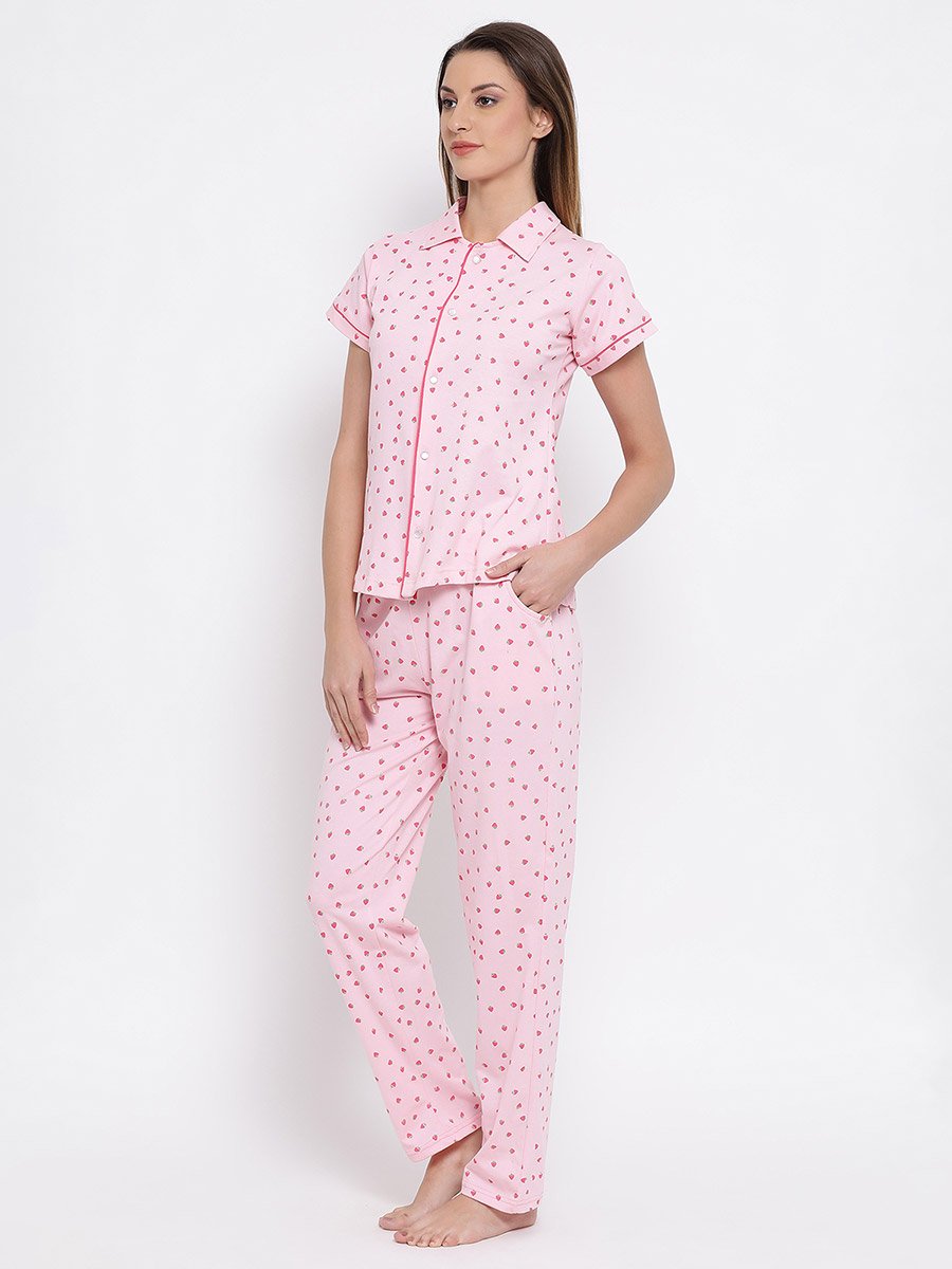 Strawberry Print Button Down Shirt and Pyjama Set