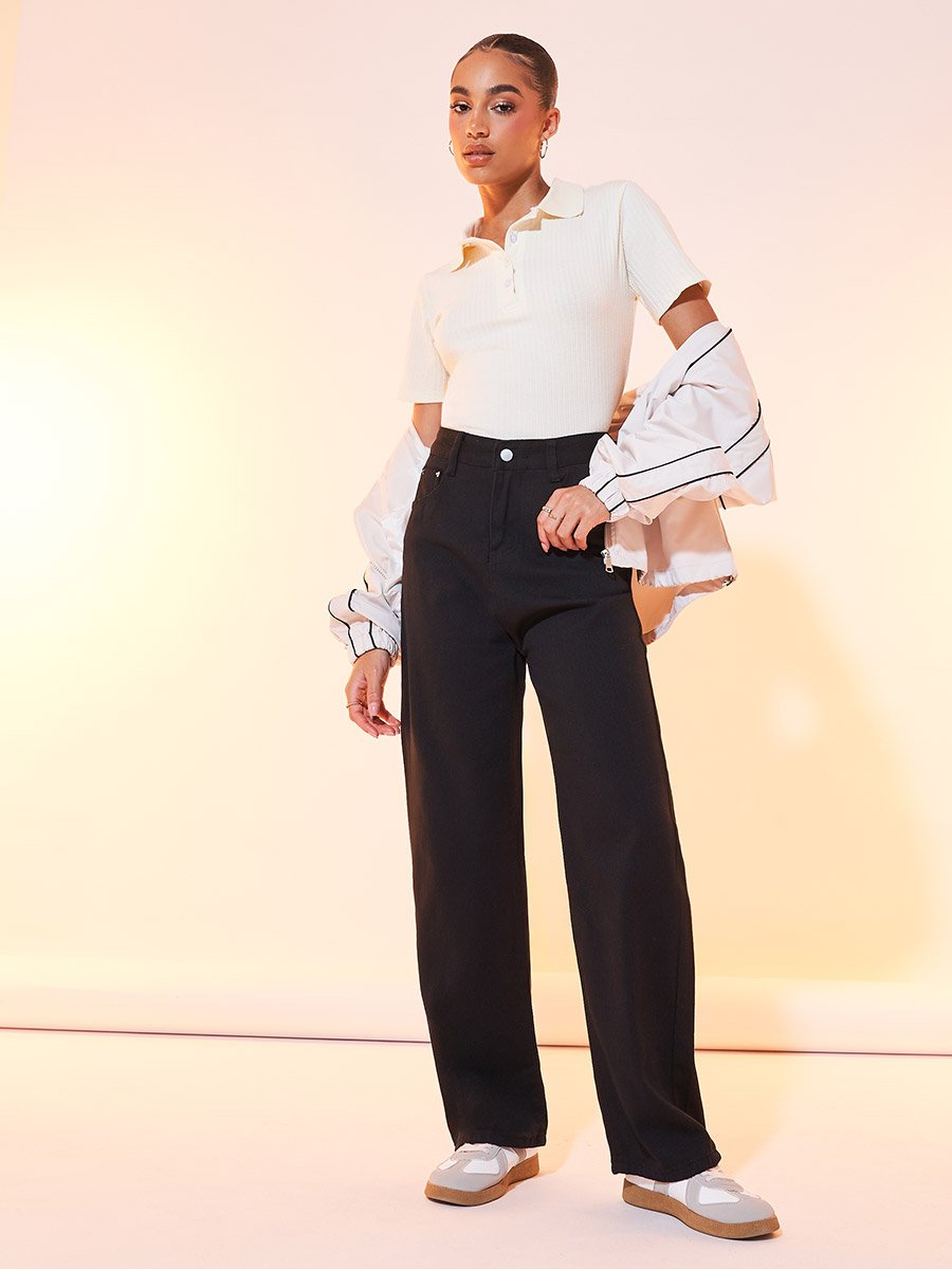 Solid Wide Leg Full Length Jeans