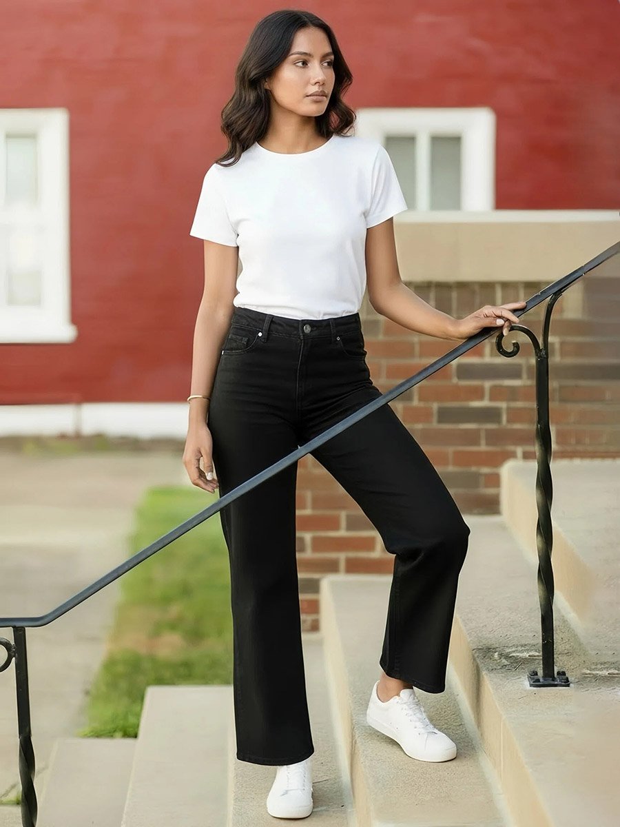 Solid Wide Leg Full Length Jeans