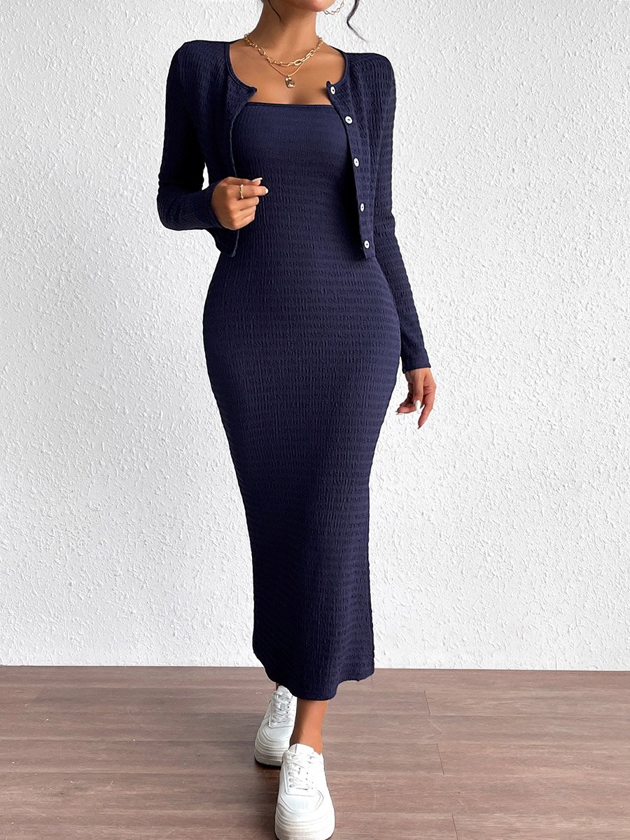 knit solid cami split midi dress & crop top Black Solid Knitted Cami Split MIDI Dress & Crop Top Custom Women Sexy Square Neck Solid Color Ruched Cami Bodycon Dress Ribbed Knitted Spaghetti Strap Split