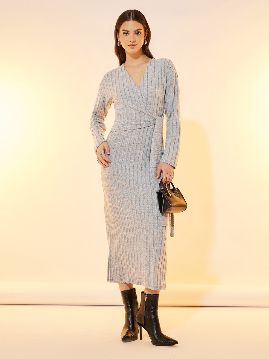 kaylee faux wrap knit dress Reama Wrap Over Knit Maxi Dress - Chocolate main image 1