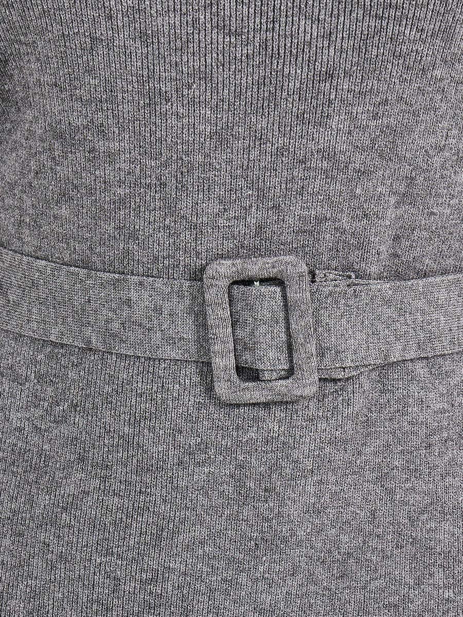 Flat Knit Belted Sweater Knee Length Dress