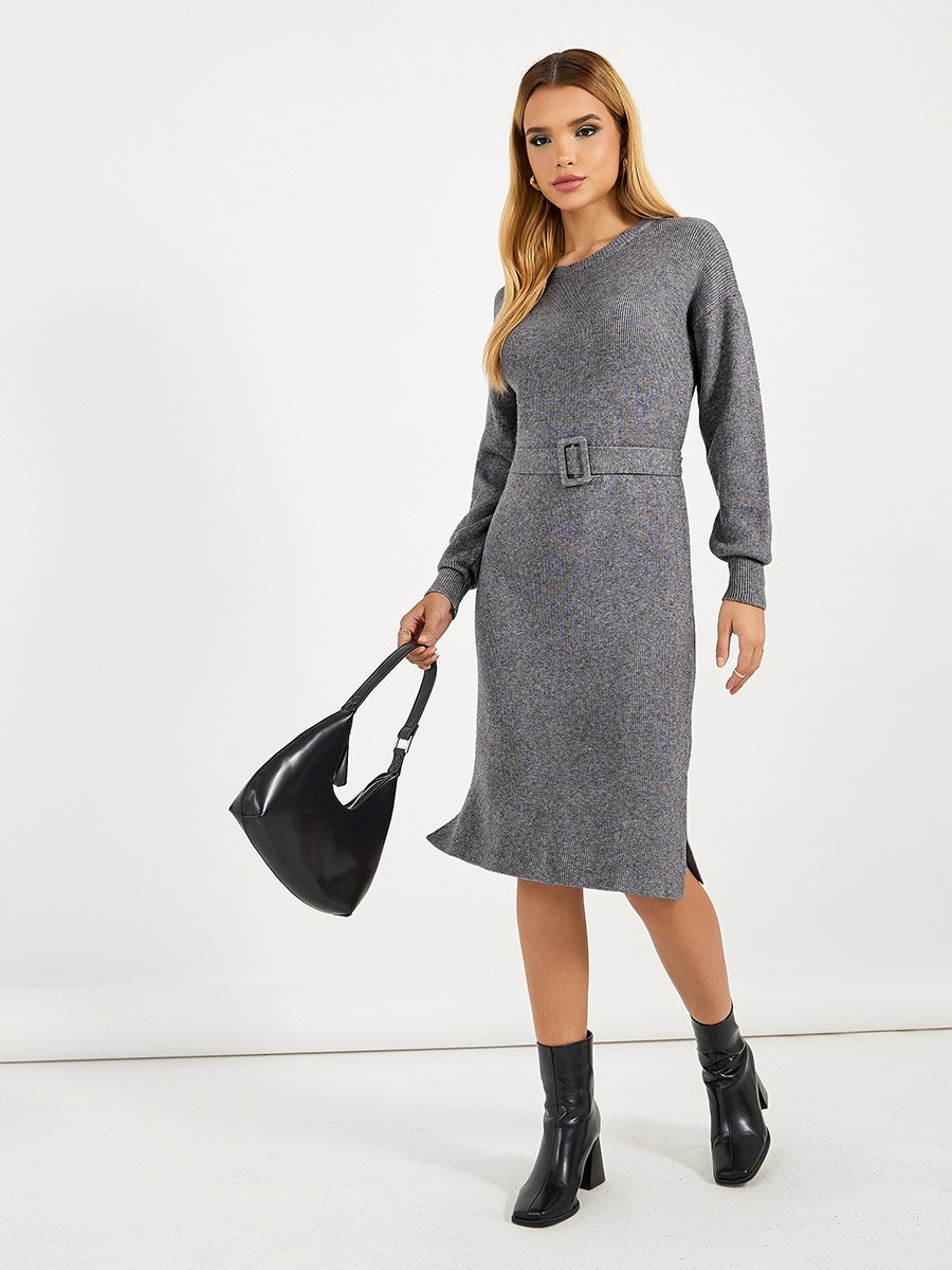 Flat Knit Belted Sweater Knee Length Dress