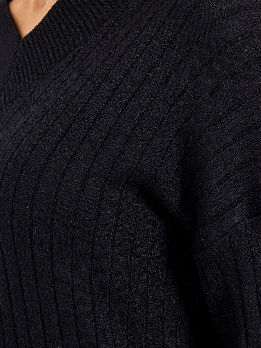 Ribbed Knit V Neck Sweater Midi Dress