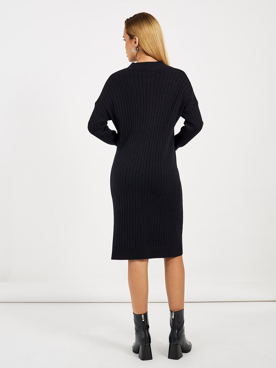 Ribbed Knit V Neck Sweater Midi Dress