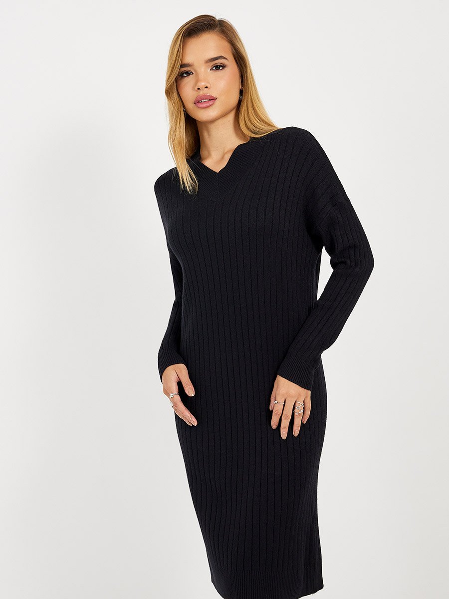 Ribbed Knit V Neck Sweater Midi Dress