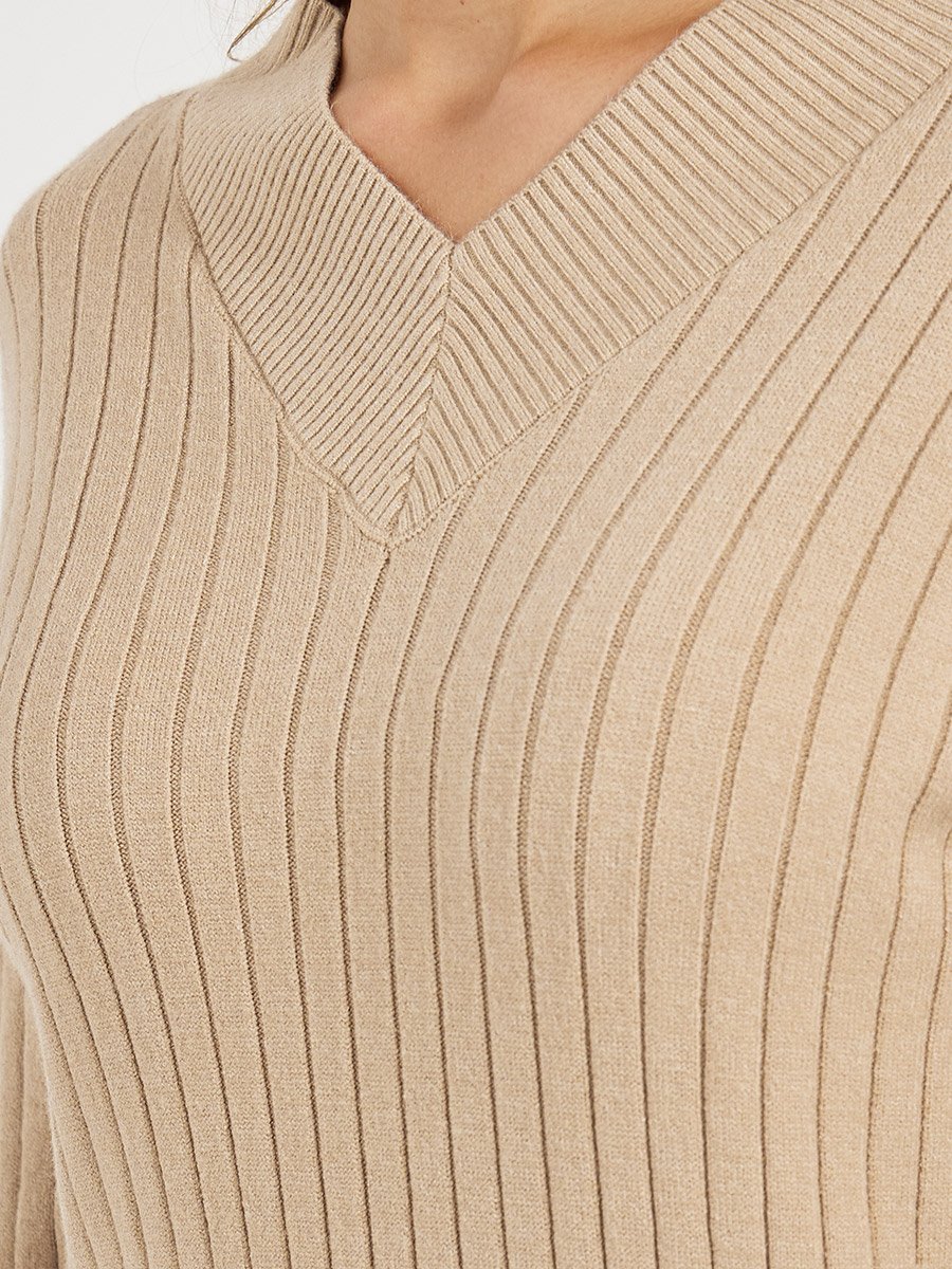 Ribbed Knit V Neck Sweater Midi Dress