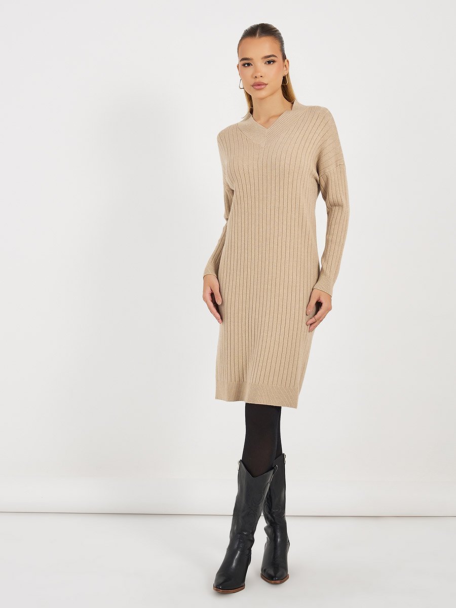 Ribbed Knit V Neck Sweater Midi Dress