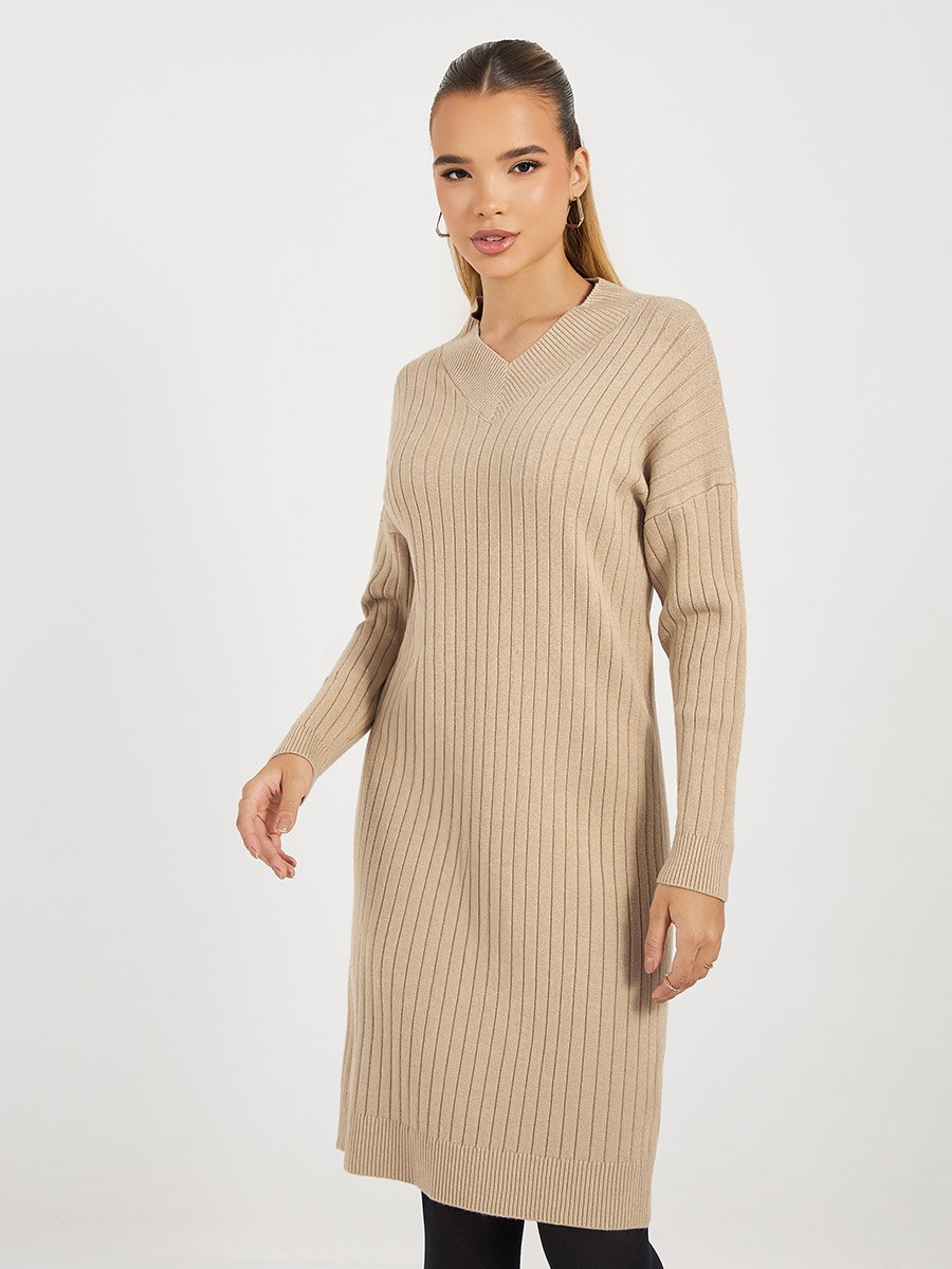 Ribbed Knit V Neck Sweater Midi Dress