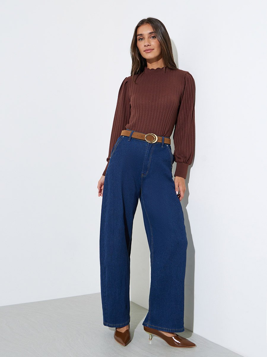 Brown High Neck Pointelle Knit Top