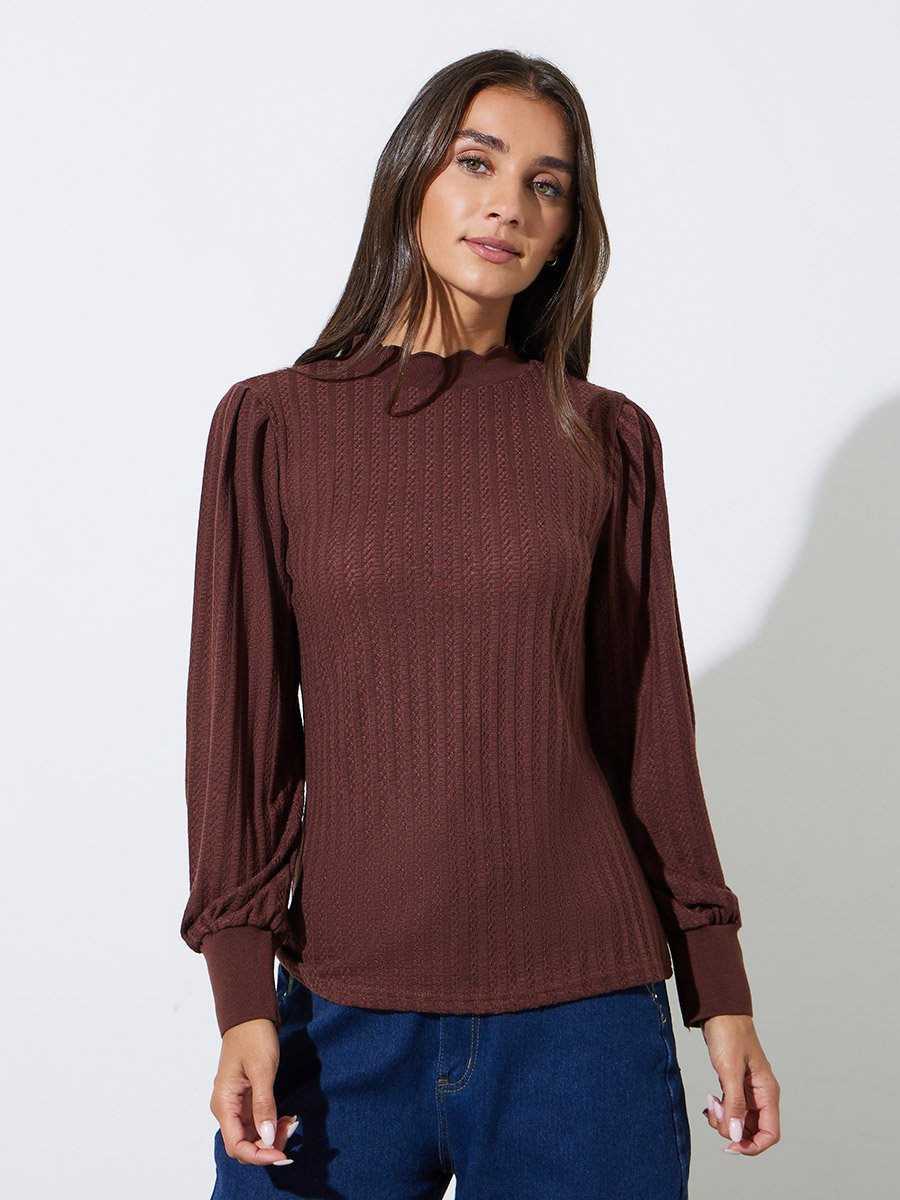 Brown High Neck Pointelle Knit Top
