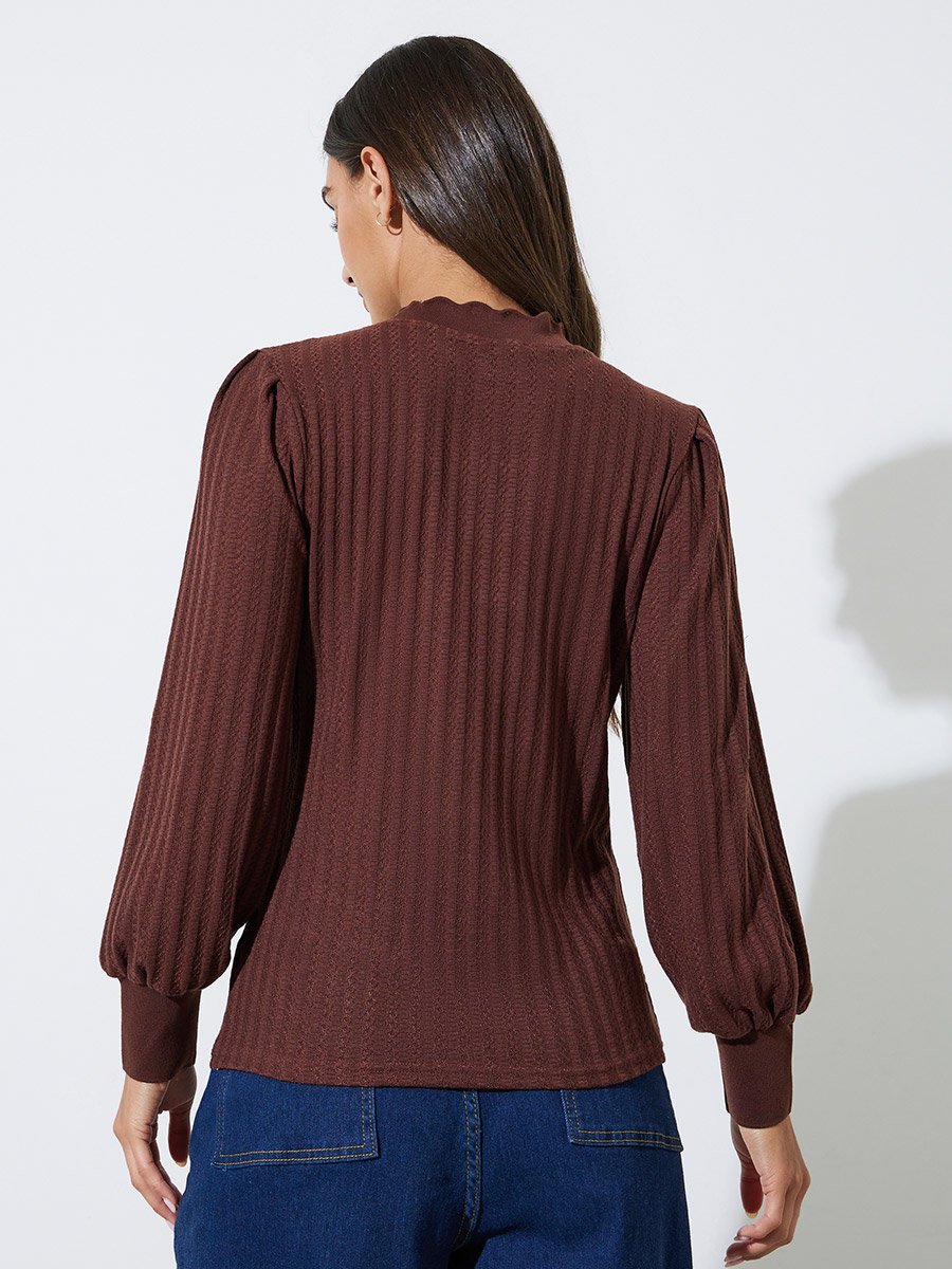 Brown High Neck Pointelle Knit Top