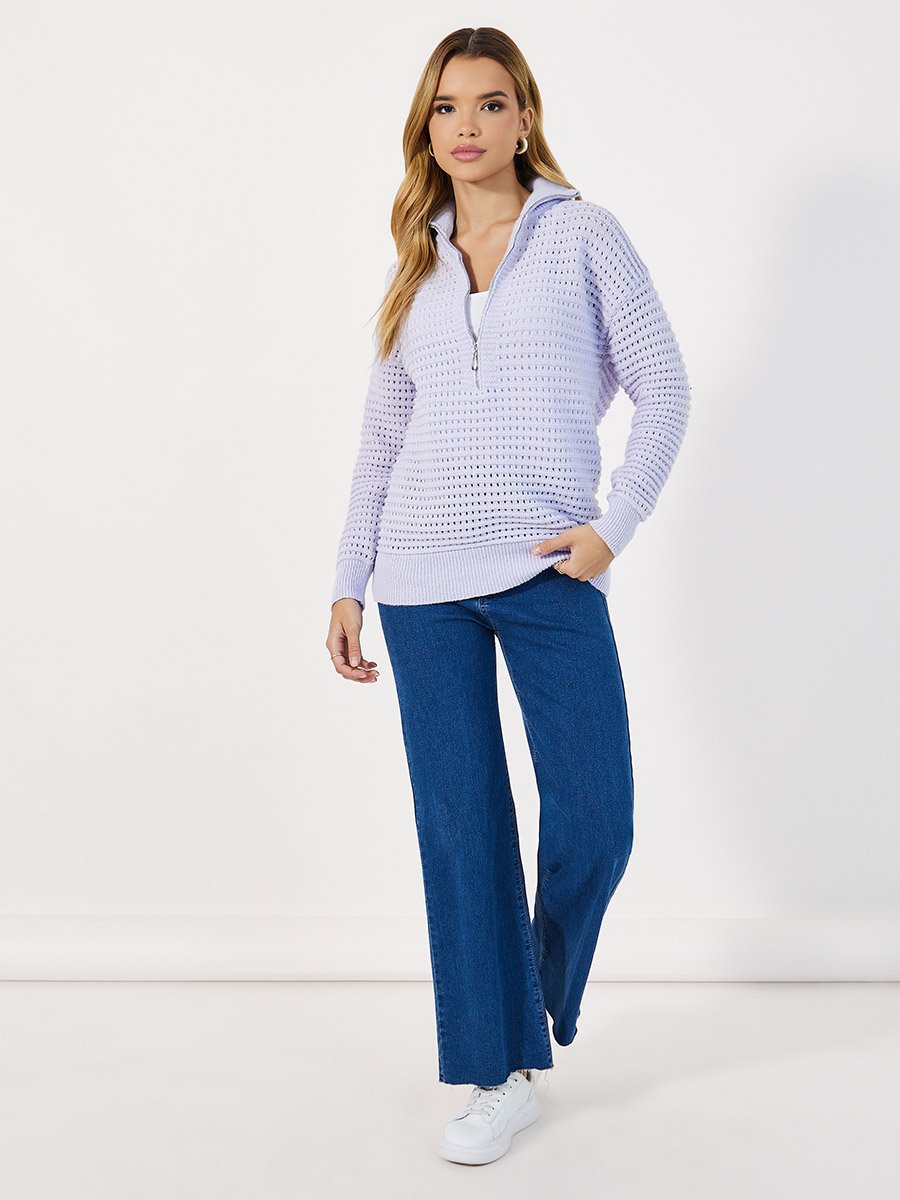 Knitted Long Sleeves Collared Top with Half Zipper Detail