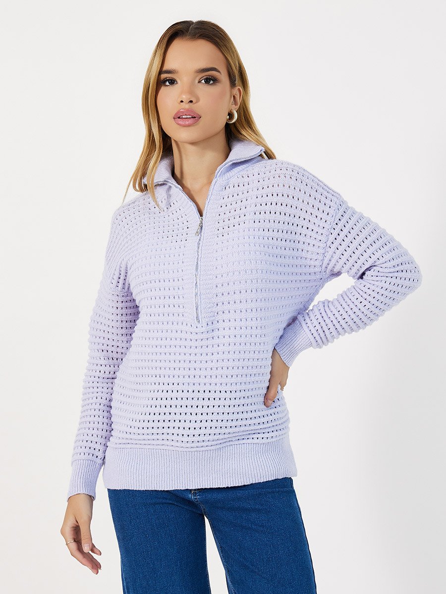 Knitted Long Sleeves Collared Top with Half Zipper Detail