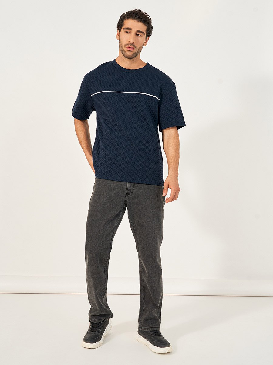 Quilted Texture Contrast Piping Insert Oversized T-Shirt