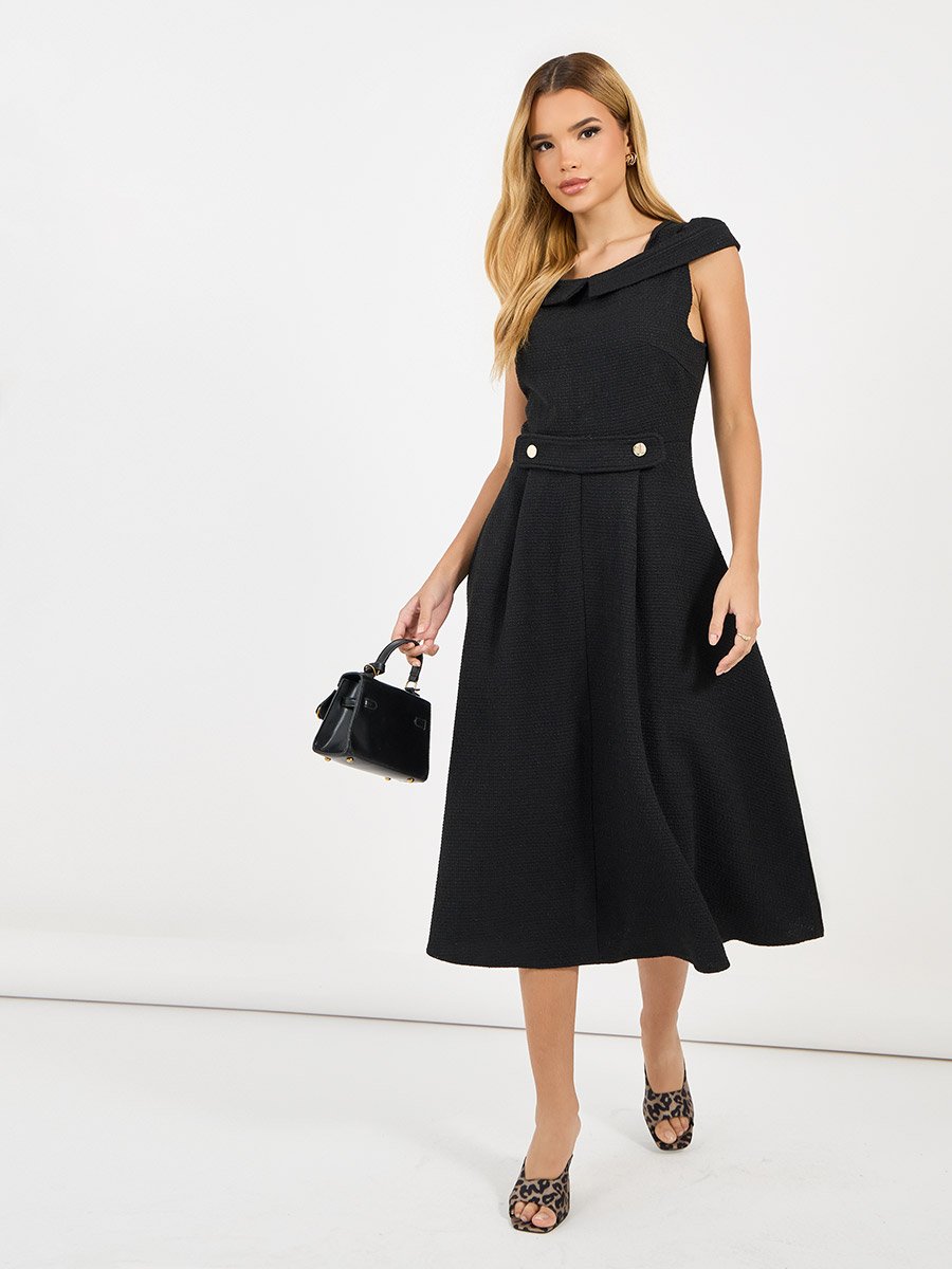 Tweed Box Pleat Sleeveless A-Line Midi Dress