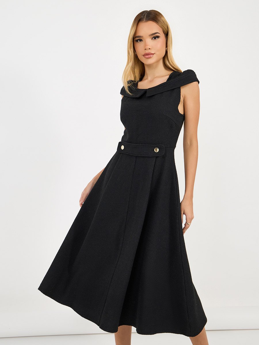 Tweed Box Pleat Sleeveless A-Line Midi Dress