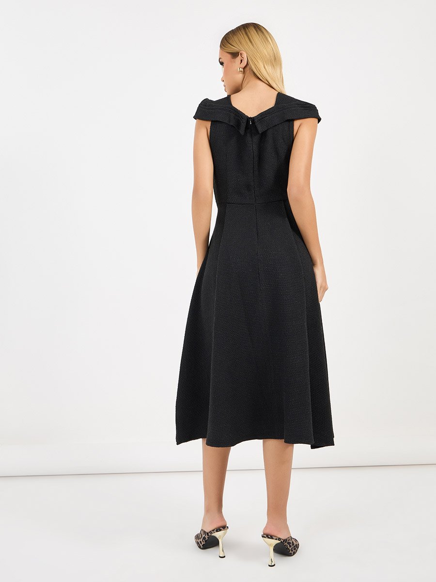 Tweed Box Pleat Sleeveless A-Line Midi Dress