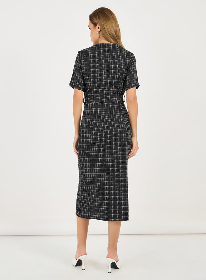 Tweed Checked Sheath Midi Dress with Slit Hem