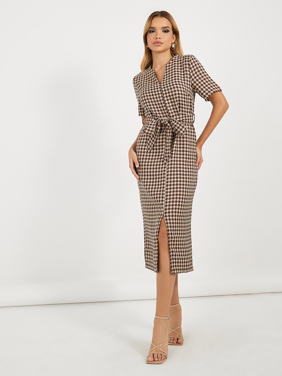 Tweed Checked Sheath Midi Dress with Slit Hem