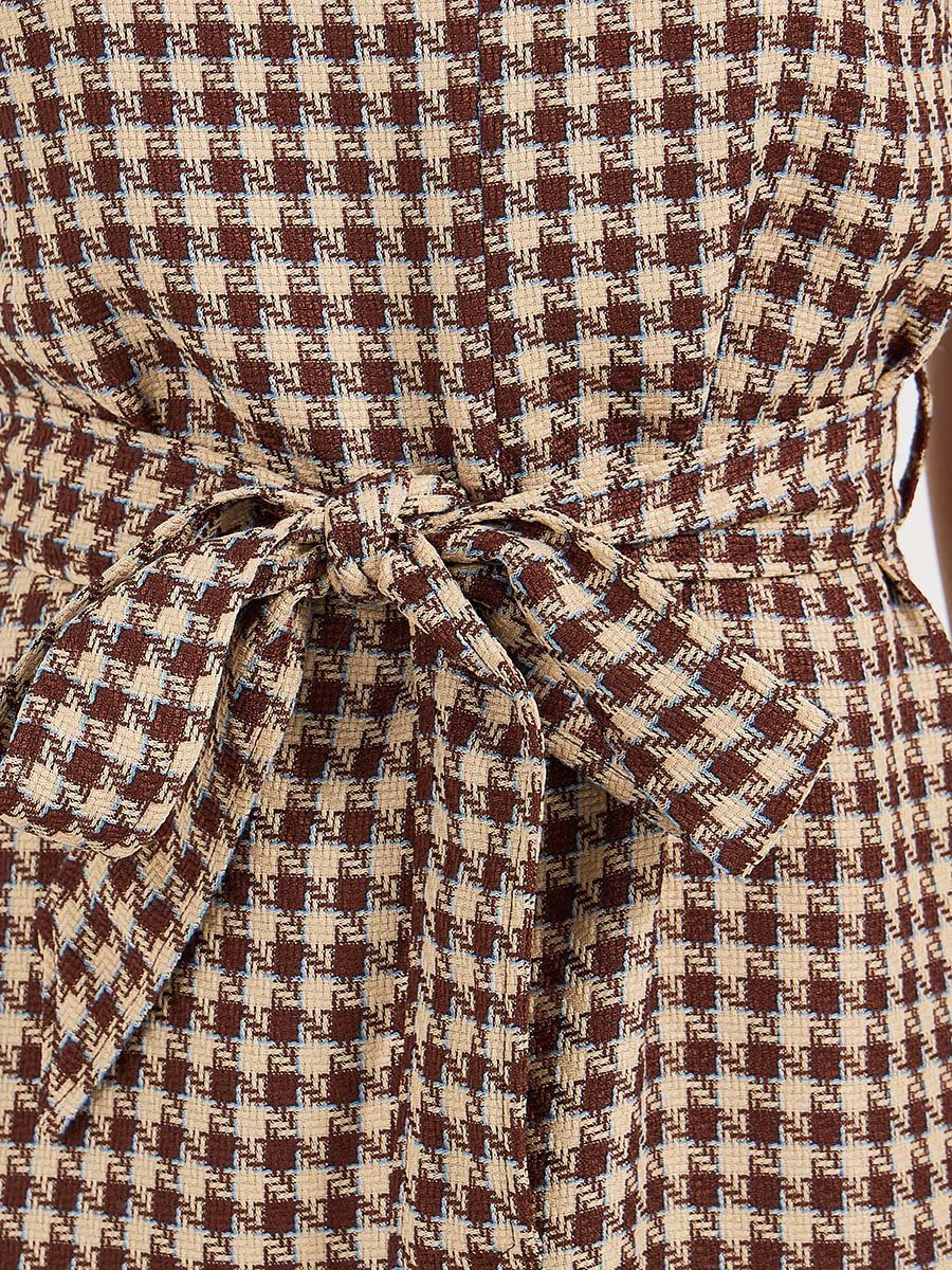 Tweed Checked Sheath Midi Dress with Slit Hem