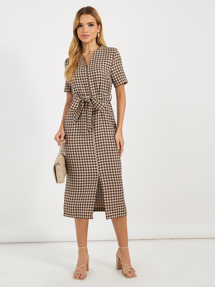 Tweed Checked Sheath Midi Dress with Slit Hem