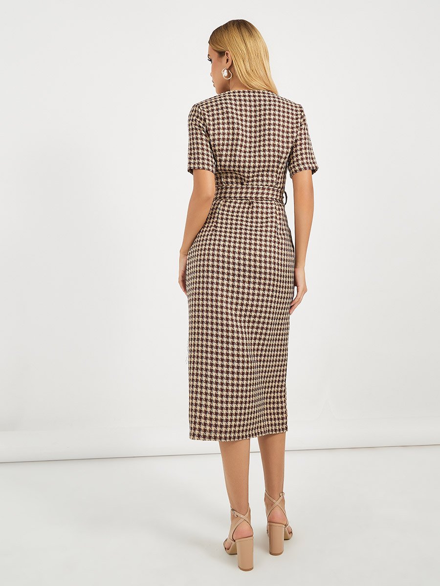 Tweed Checked Sheath Midi Dress with Slit Hem