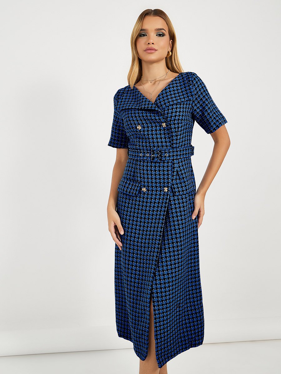 Checked Belted A-Line Blazer Midi Dress