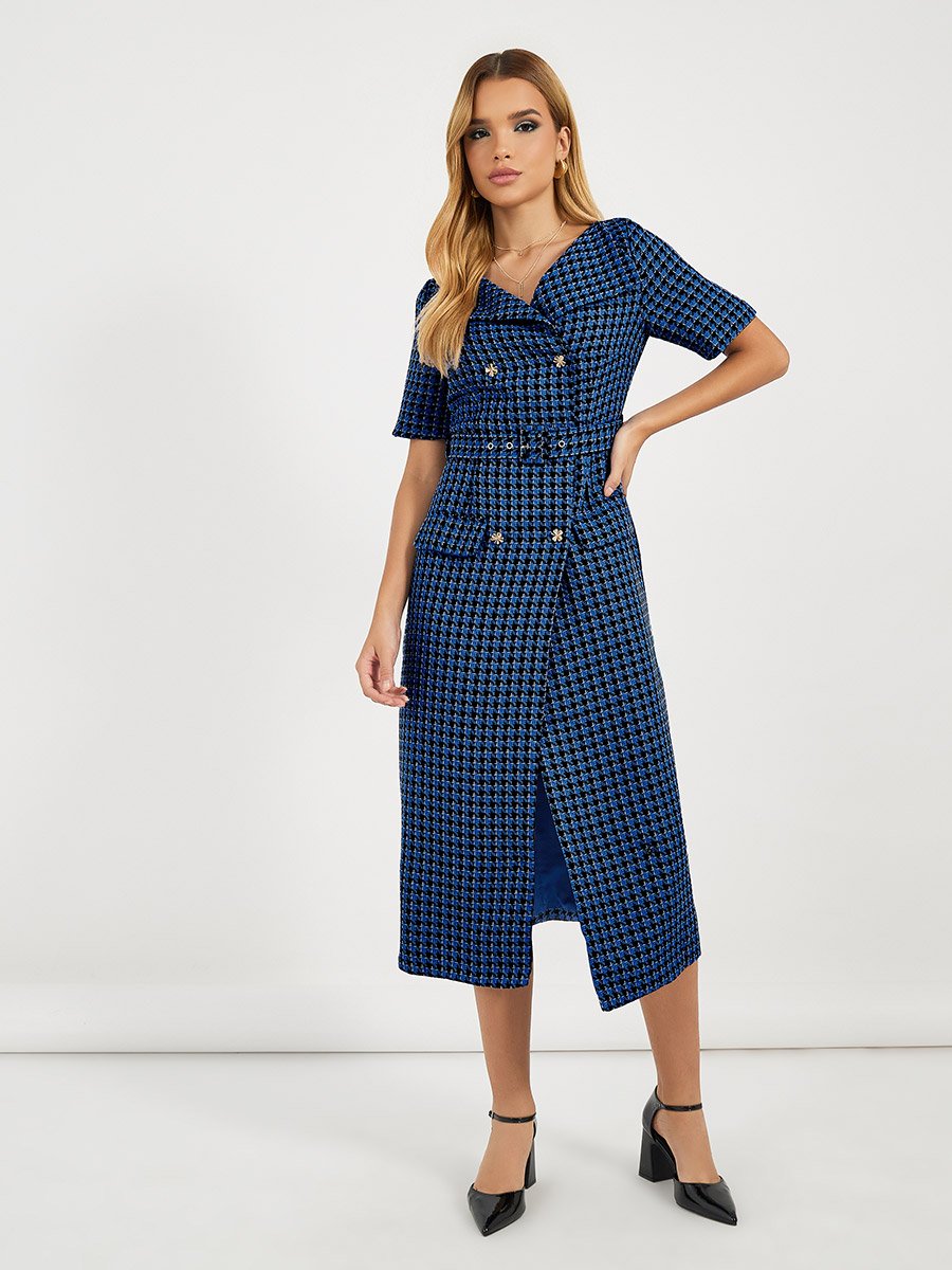Checked Belted A-Line Blazer Midi Dress