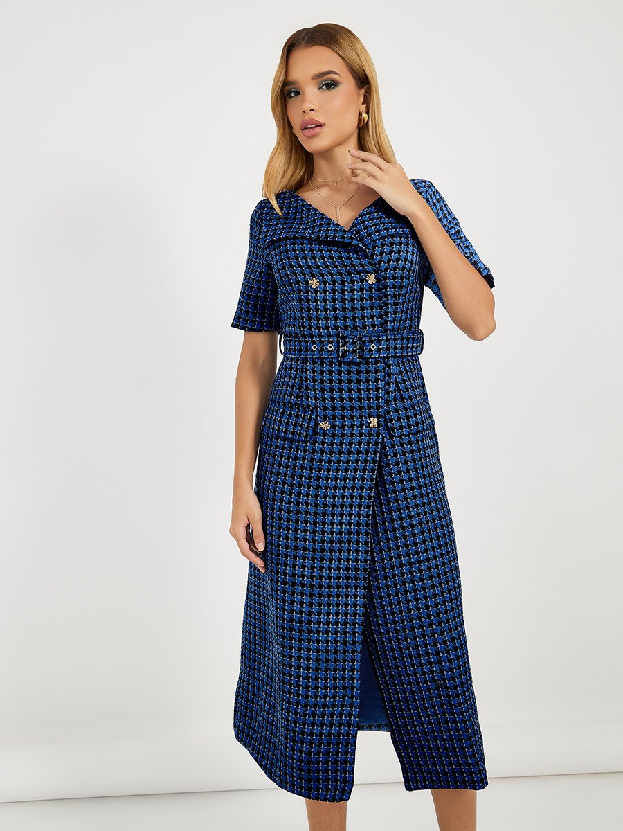 Checked Belted A-Line Blazer Midi Dress